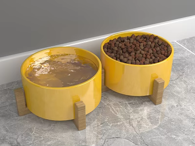 Yellow Ceramic Vessels With Water And Brown Pellets On Wooden Stands Over Marble Floor 3d model