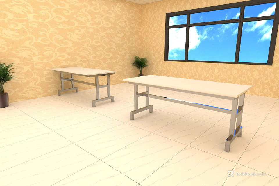 White Dining Tables With Metal Frames Against Yellow Floral Wallpaper Near Window And Potted Plant 3d model 