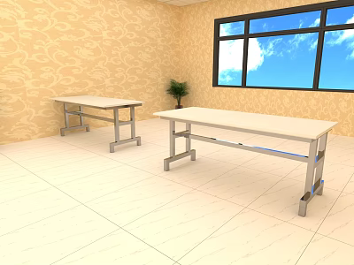 White Dining Tables With Metal Frames Against Yellow Floral Wallpaper Near Window And Potted Plant 3d model