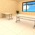 White Dining Tables With Metal Frames Against Yellow Floral Wallpaper Near Window And Potted Plant