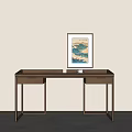 Modern Minimalist Wooden Desk Interior With Two Drawers And Landscape Wall Art