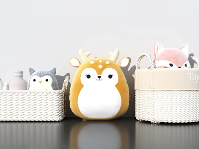 Cute Plush Deer Fox Owl Stuffed Toys In White Wicker Storage Baskets 3d model