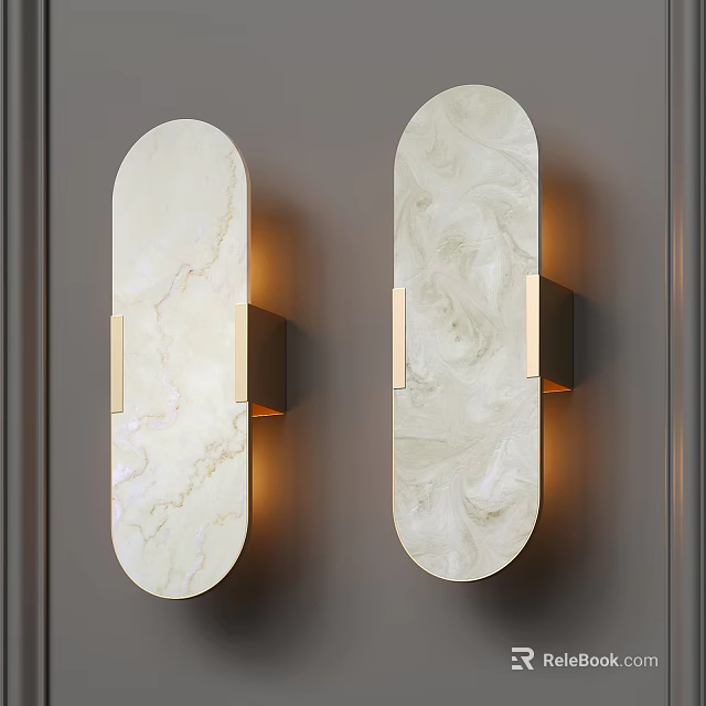 Ivory White Marble Wall Lamps With Golden Metal Brackets And Warm Light Against Gray Wall 3d model 