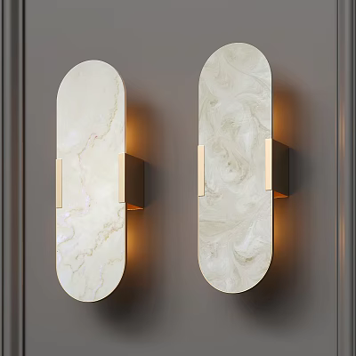 Ivory White Marble Wall Lamps With Golden Metal Brackets And Warm Light Against Gray Wall 3d model