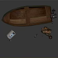 Wooden Fishing Boat With Blue Box Rod Reel And Tackle Equipment