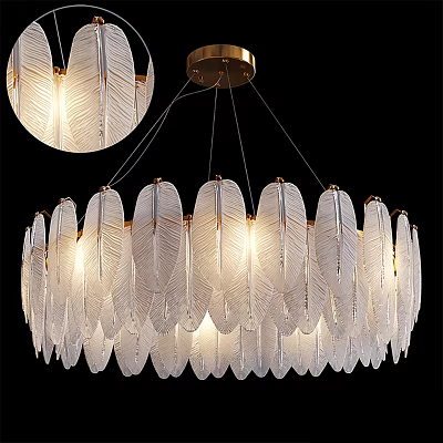 Elegant Modern Feather Design Transparent Glass Chandelier With Glowing Interior Lighting 3d model