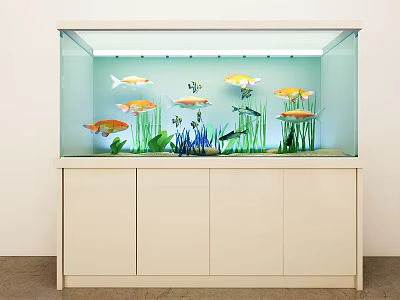 Aquarium Fish Tank with Colorful Fish and Green Aquatic Plants on White Cabinet Stand 3d model