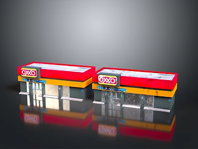 OXXO Convenience Store Buildings With Red Roof Yellow And Black Exterior Design 3d model