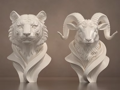 White Tiger And Ram Head Sculptures With Intricate Carving Details 3d model