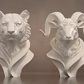 White Tiger And Ram Head Sculptures With Intricate Carving Details