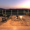 Stunning Sunset Mountain Landscape View From Warm Wooden Terrace With Relaxing Lounge Chairs And Wine