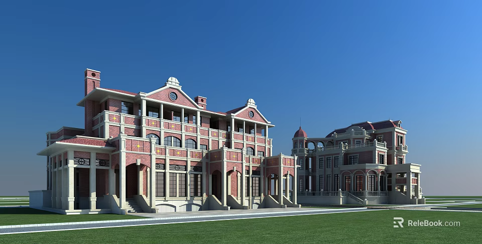 Classical European Duplex Villa Red Brick Exterior White Trim And Green Lawn 3d model 