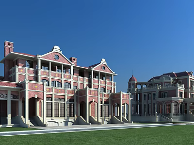 Classical European Duplex Villa Red Brick Exterior White Trim And Green Lawn 3d model