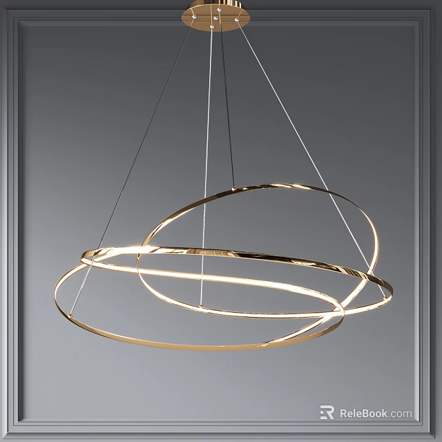 Modern Golden Circular Ring Chandelier with Shiny Design Hanging Against Gray Wall 3d model 