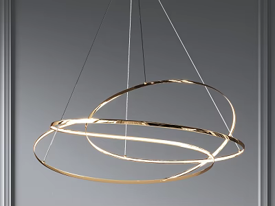 Modern Golden Circular Ring Chandelier with Shiny Design Hanging Against Gray Wall 3d model