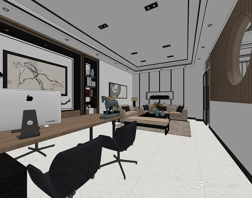 Modern Public Office Space With Workstations Computers Black Chairs Sofa And Decorative Paintings 3d model 