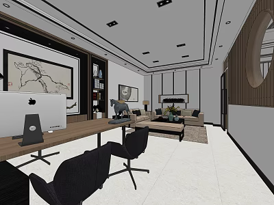 Modern Public Office Space With Workstations Computers Black Chairs Sofa And Decorative Paintings 3d model