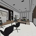 Modern Public Office Space With Workstations Computers Black Chairs Sofa And Decorative Paintings