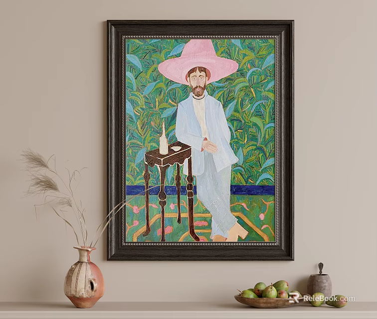 Portrait Painting Featuring Man in Pink Wide-Brimmed Hat with Green Leafy Background and Small Table 3d model 