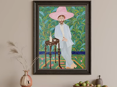 Portrait Painting Featuring Man in Pink Wide-Brimmed Hat with Green Leafy Background and Small Table 3d model