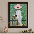Portrait Painting Featuring Man in Pink Wide-Brimmed Hat with Green Leafy Background and Small Table