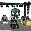 Futuristic Interactive Area With Truss Lights Green Robot And Colorful Seats