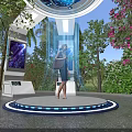 Futuristic Platform With Blue Light Beams Surrounded By Palm Trees And Pink Flowers