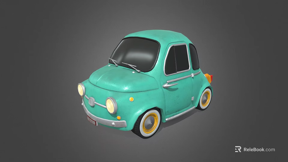 Teal Vintage Small Car with Round Headlights Black Windows and Yellow Rims 3d model 