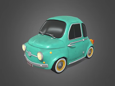 Teal Vintage Small Car with Round Headlights Black Windows and Yellow Rims 3d model