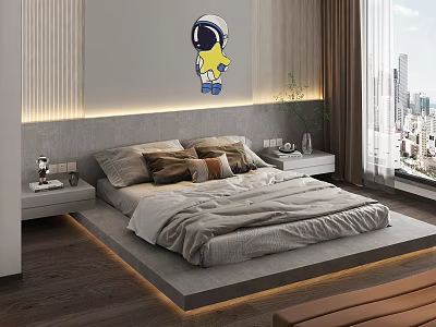 Double Bed In Modern Bedroom With Astronaut Wall Art Nightstands And City View Lights 3d model