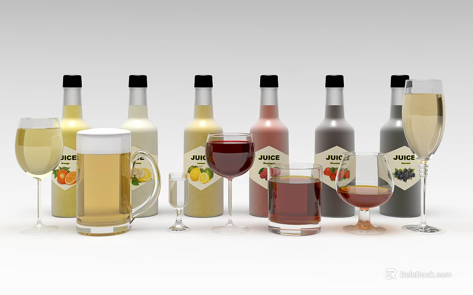 Assorted Fruit Juice Bottles and Various Glass Types in Vibrant 3d model 