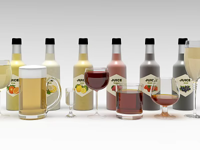 Assorted Fruit Juice Bottles and Various Glass Types in Vibrant 3d model