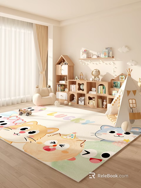 Colorful Kids Room Interior With Cartoon Cat Rug Wooden Bookshelf And Play Tent 3d model 