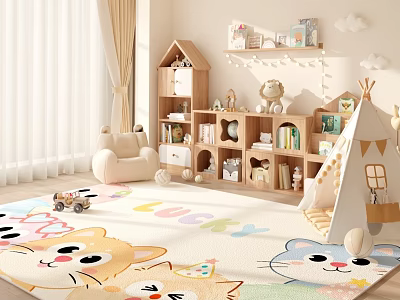 Colorful Kids Room Interior With Cartoon Cat Rug Wooden Bookshelf And Play Tent 3d model