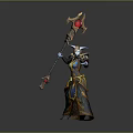 Horned Fantasy Game Character Wielding Ornate Staff With Red Gem And Elaborate Attire