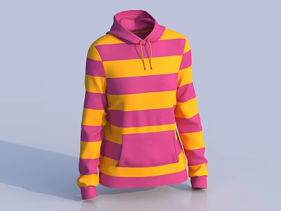Long Sleeve Pink And Yellow Striped Hoodie With Drawstring And Front Pocket 3d model