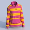 Long Sleeve Pink And Yellow Striped Hoodie With Drawstring And Front Pocket
