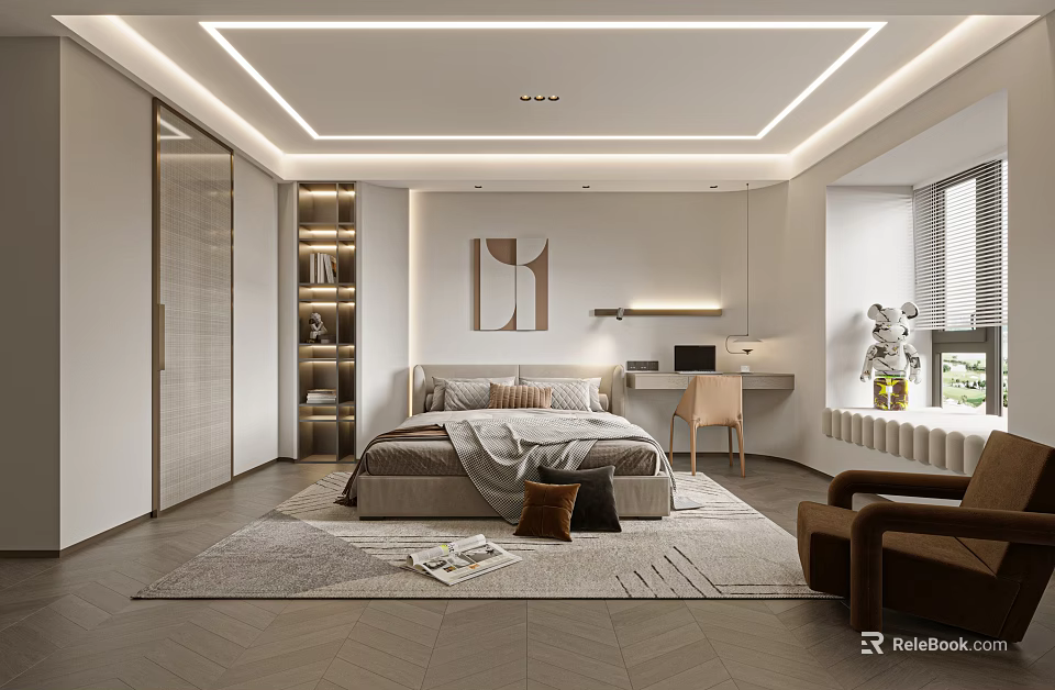 Modern Bedroom Interior Design With Bed Area Rug Armchair Shelving And Window Lighting 3d model 