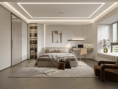 Modern Bedroom Interior Design With Bed Area Rug Armchair Shelving And Window Lighting 3d model