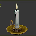 Burning White Candle On Yellow Candle Holder With Tray And Flame