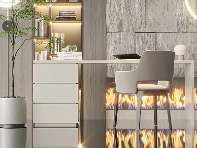 Modern Study Room Interior With Wooden Desk Comfortable Chair And Potted Plant Decor 3d model