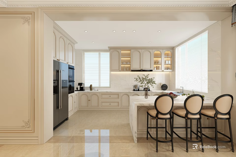 Elegant Modern Kitchen Interior With Light Colored Cabinets Island Bar Stools And Windows 3d model 