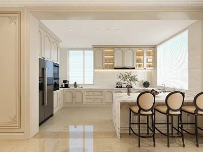 Elegant Modern Kitchen Interior With Light Colored Cabinets Island Bar Stools And Windows 3d model