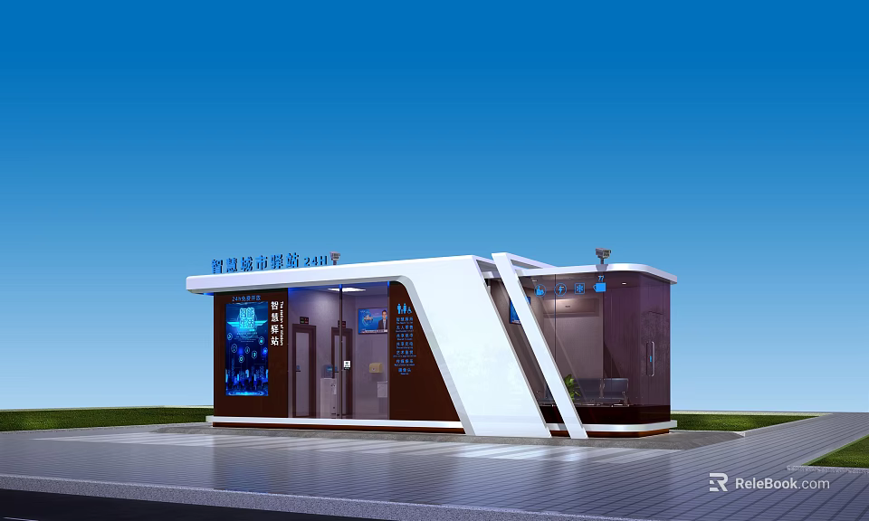 Smart Station Service Center With Modern Design Glass Windows And Digital Service Counters 3d model 