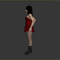 Woman in red strapless belted dress wearing gray boots against gray background