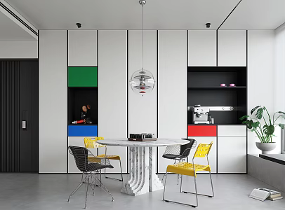 Modern Memphis Style Restaurant Dining Table and Chair Combination Dopamine Dining Table Dining Chair Chandelier Decoration Coffee Machine 3d model