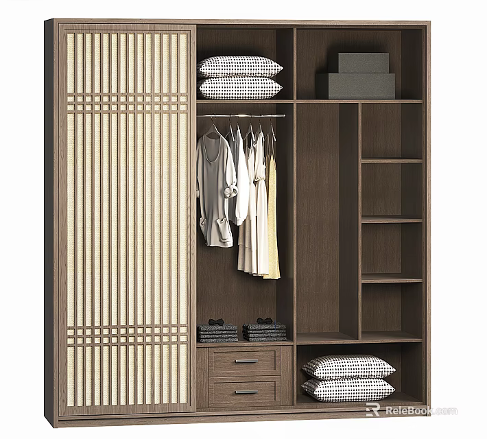 Modern Wooden Wardrobe With Striped Sliding Doors Hanging Clothes Shelves Folded Pillows And Drawers 3d model 