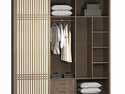 Modern Wooden Wardrobe With Striped Sliding Doors Hanging Clothes Shelves Folded Pillows And Drawers 3d model
