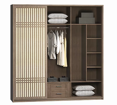 Modern Wooden Wardrobe With Striped Sliding Doors Hanging Clothes Shelves Folded Pillows And Drawers 3d model