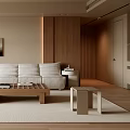 Modern Minimalist Living Room Interior With White Sofa Wooden Coffee Table Green Plant And Wall Art